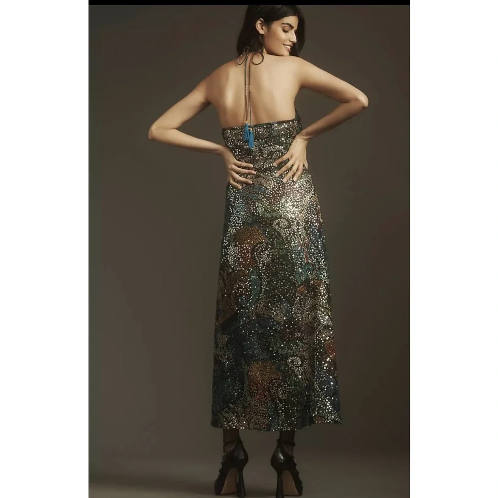 Anthropologie Verb by Pallavi Singhee Halter Cutout Sequin Midi Dress Size XL - Picture 2 of 14